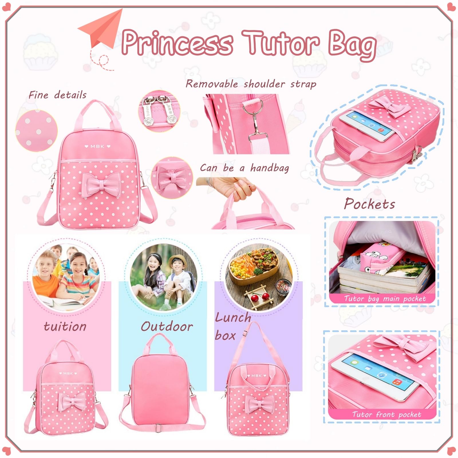 VIDOSCLA School Bags for Girls,2Pcs Bowknot Students Backpack,Elementary Princess Bookbag Sets for School