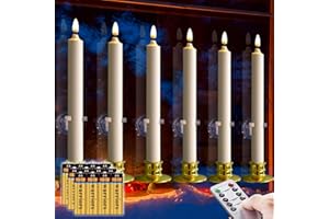 NONNO & ZGF 6 Pack Windows Candles with 12 AA Batteries(Include, Run More Than 400 Hours) + 6 Golden Removable Candlesticks + 6 Suction Cups, 10'' Flameless Battery Ivory Taper Window Candle with Remote/Timer