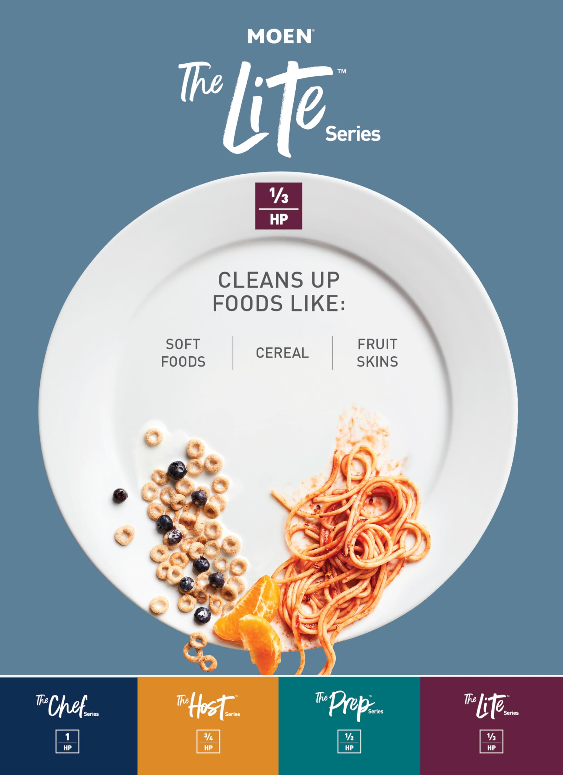 Moen Lite Series PRO Compact Continuous Feed Garbage Disposal for Kitchen Sink with Power Cord, GXP33C