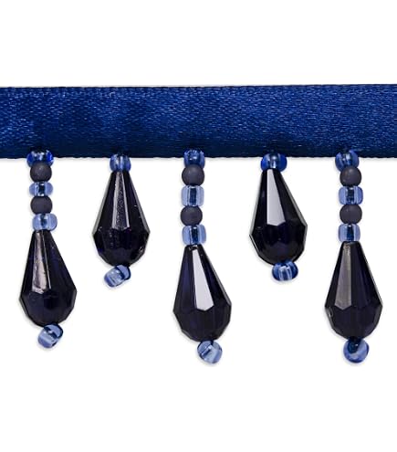 3.5" Teardrop Beaded Fringe Trim With Gimp Top – Turquoise Blue Crystal, Sold By The Yard