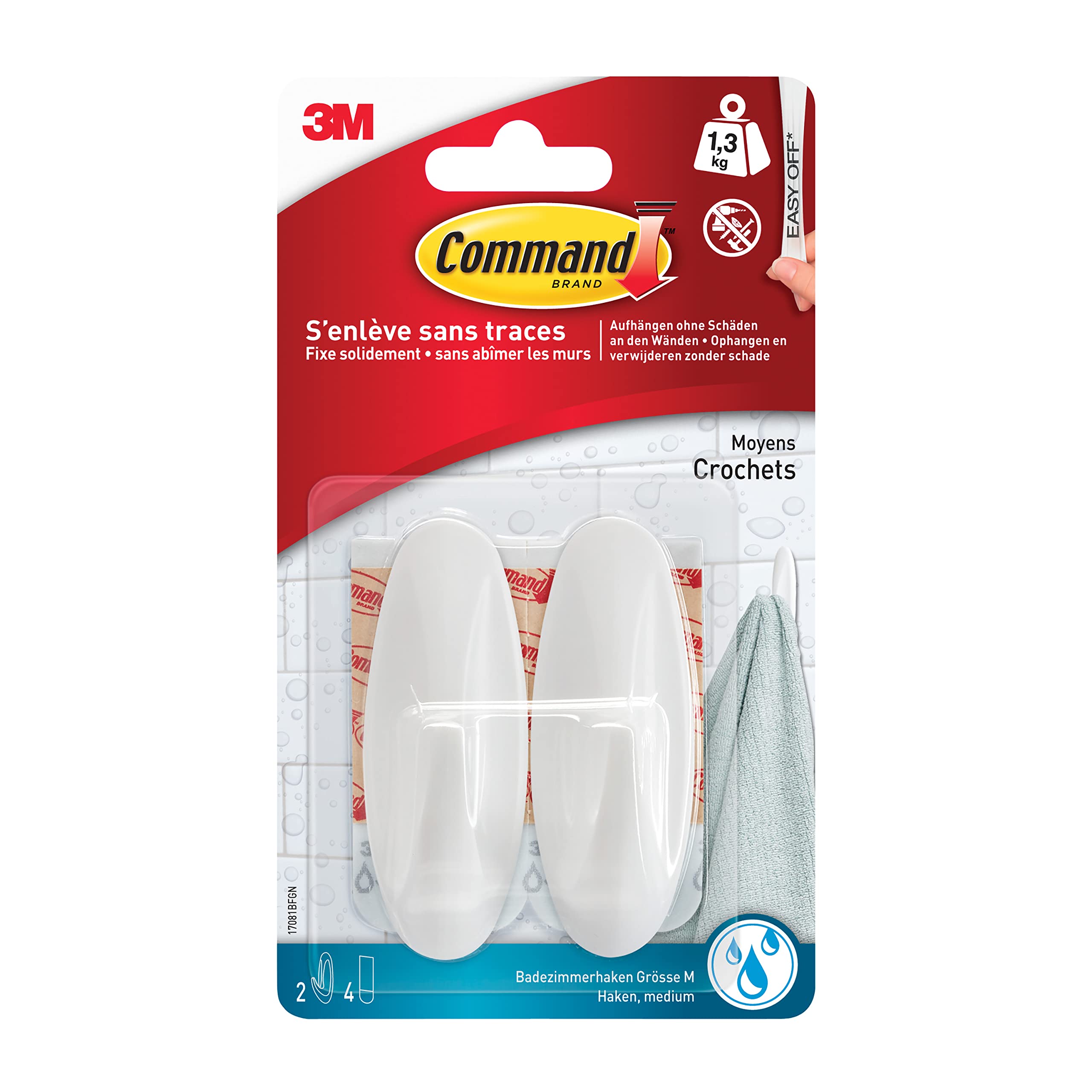 Command W17082&nbsp;Plastic Hooks, Waterproof S (Oval, 500 g) 2&nbsp;Hooks and 4&nbsp;Strips&nbsp;&ndash;&nbsp;White Oval Medium White