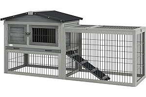 PawHut Solid Wood Rabbit Hutch Bunny Cage Pet Guinea Pig House Outdoor Small Animal Habitat w/Ramp, Weather-Resistant Asphalt