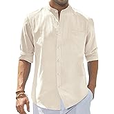 J.VER Men's Cotton Linen Long Sleeve Shirts Casual Button Down Banded Collar Shirt Beach Summer Tops with Pocket