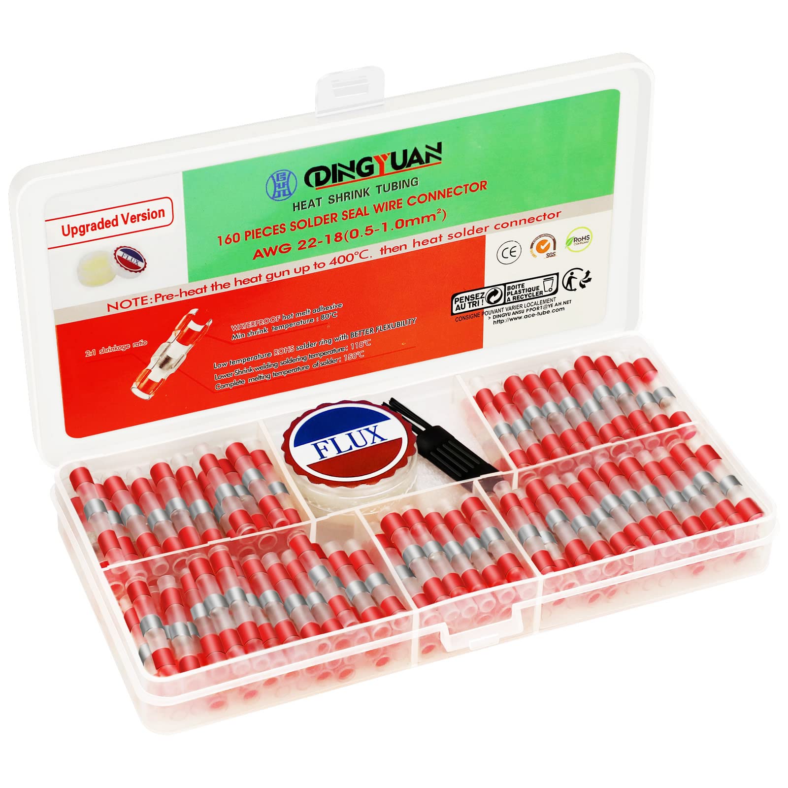 DINGYUAN 160 PCS Solder Seal Wire Connectors with Solder Paste, Low Melting Point Heat Shrink Butt Splice Terminals, Waterproof Electrical Insulated Sleeves (Red, 22-18 AWG / 0.5-1.0mm²)