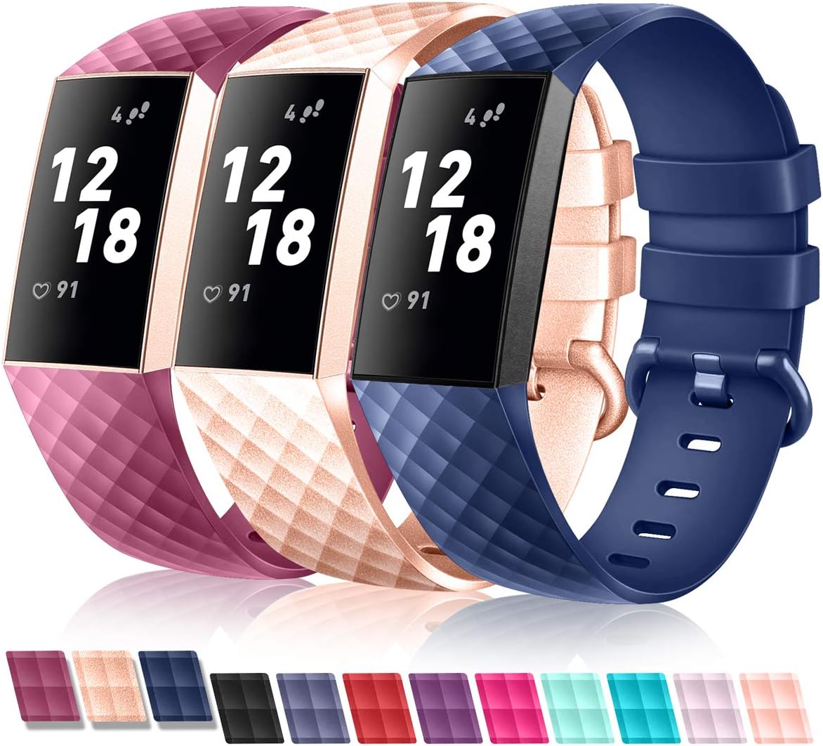 ZEROFIRE Bands Compatible with Fitbit Charge 3 & Charge 3 SE, 3-Pack Wristband Strap with Color Metal Buckle for Women Men, Small, Large, Multi-Color
