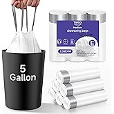 TIPGO 5 Gallon Trash Bags Drawstring, Pre-Cut Strong Wastebasket Bin Liners, White Garbage Bags for Home, Office, Bathroom (Code E, 60 Count)