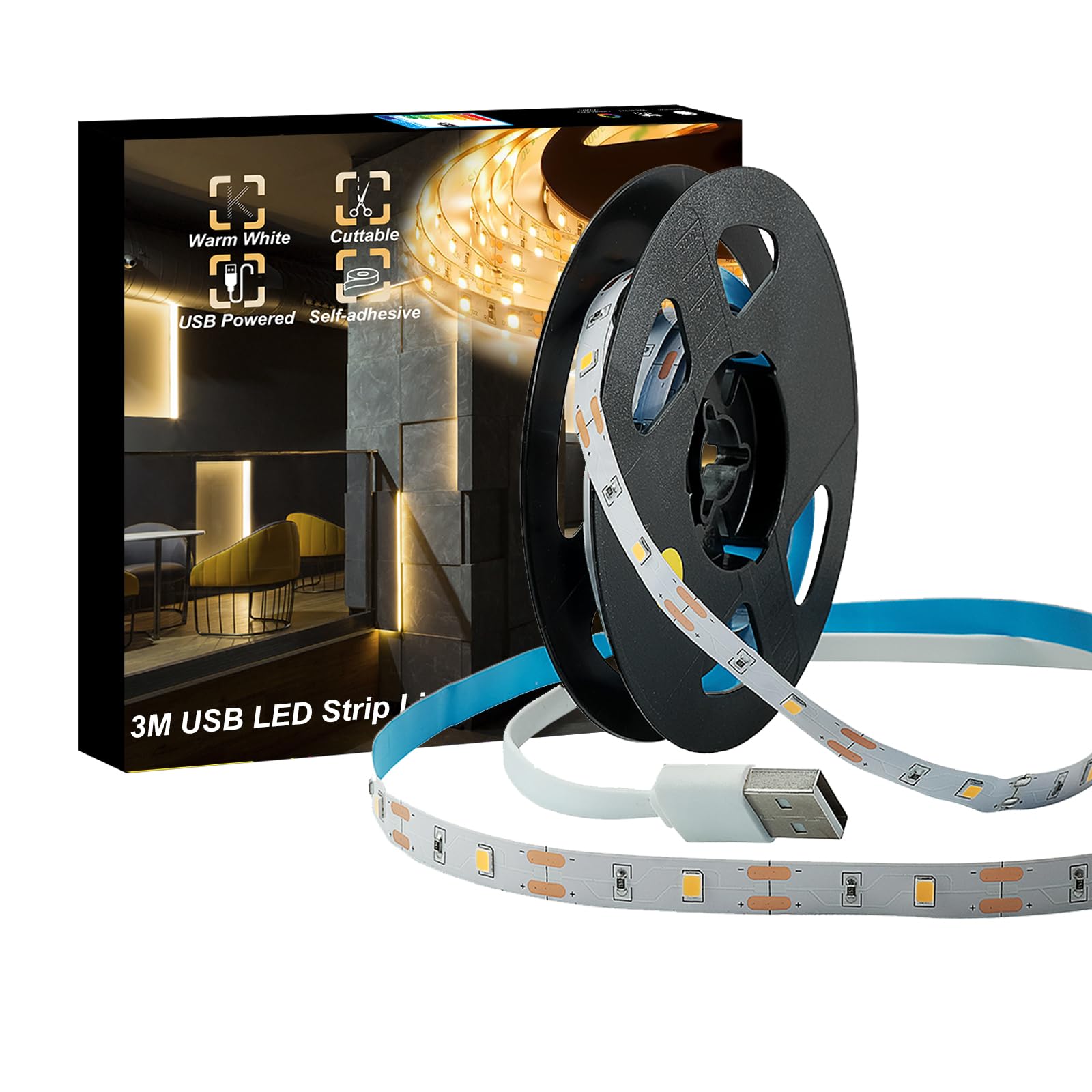 VVFLED LED Strip Lights, 9.8ft USB Warm White LED Strip Light, Pulg & Play, 3m TV Backlights, Super Bright Indoor Strip Light for Bedroom, Kitchen, DIY, Decor LED Rope Lights Tape Light