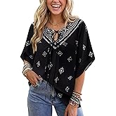 Vivilli Womens Boho Summer Tops 2026 Casual Floral V Neck Short Sleeve Blouses Tie Front Flowy Shirts Beach Vacation Clothes