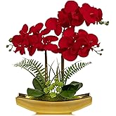 Briful Orchid Artificial Flowers 17" Silk Red Orchid Floral Arrangement with Gold Pot Real Touch Faux Orchid Plant for Home Office Room Kitchen Table Centerpiece Shelf Decor