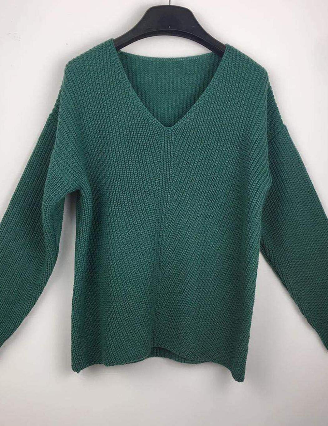 XioNiu Women Winter V Neck Sweater Knitted Solid Color Jumper Sweater Pullovers Green