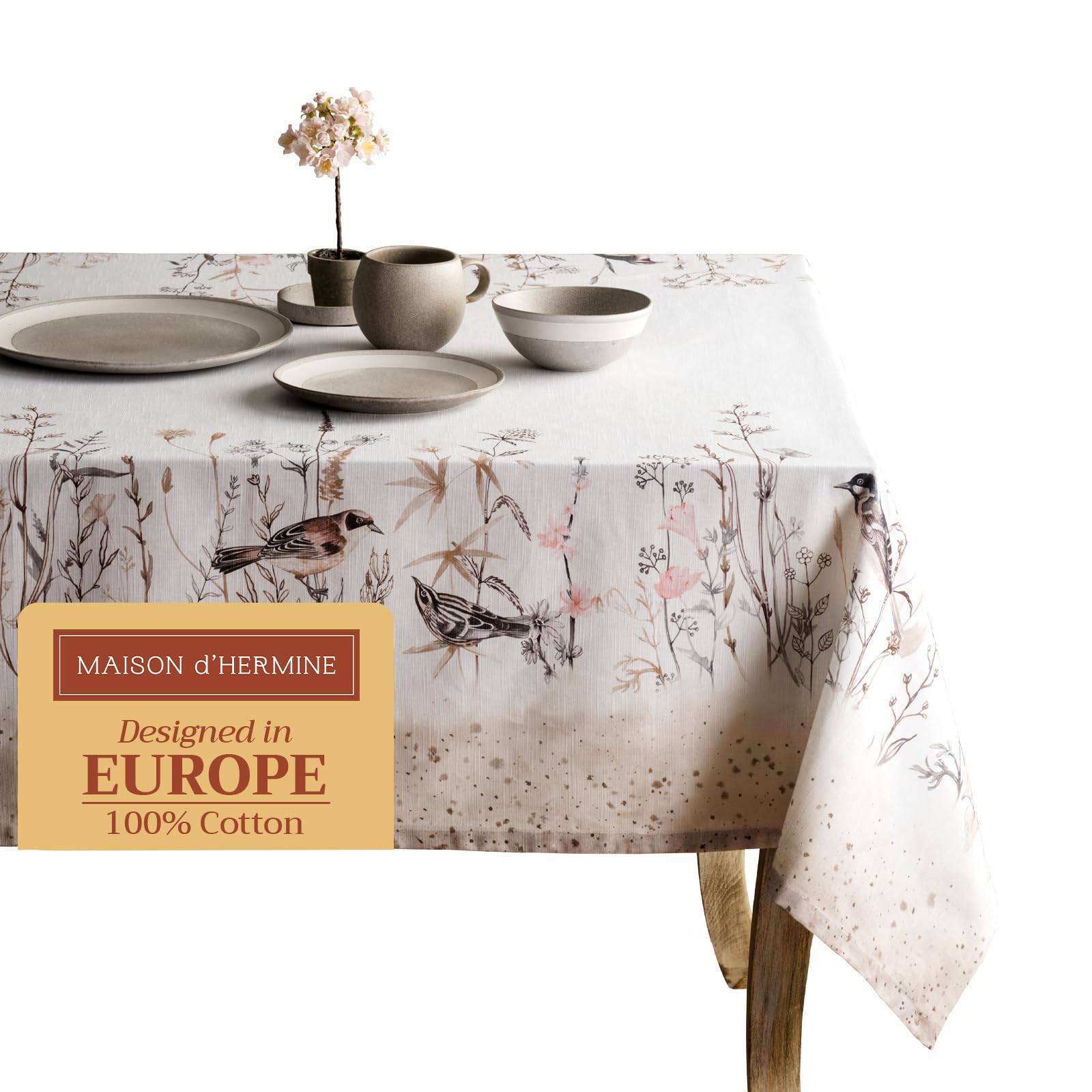 Maison d' Hermine 100% Cotton Washable Square Tablecloth for Dining Room, Buffets and Camping, Meadow Flowers - Brown - Spring/Summer
