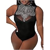 WDIRARA Women's Plus Size Sparkly Rhinestone Tank Bodysuit Party Mock Neck Sleeveless Body Suit