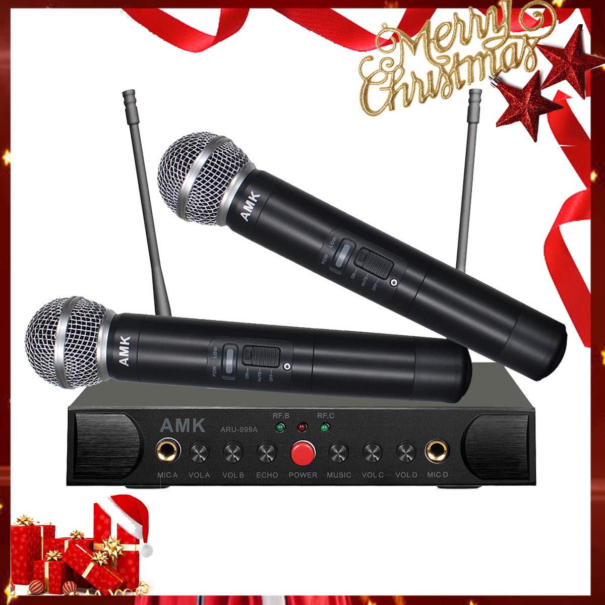Wireless Microphone System with Echo, AMK UHF Dual Wireless Mics