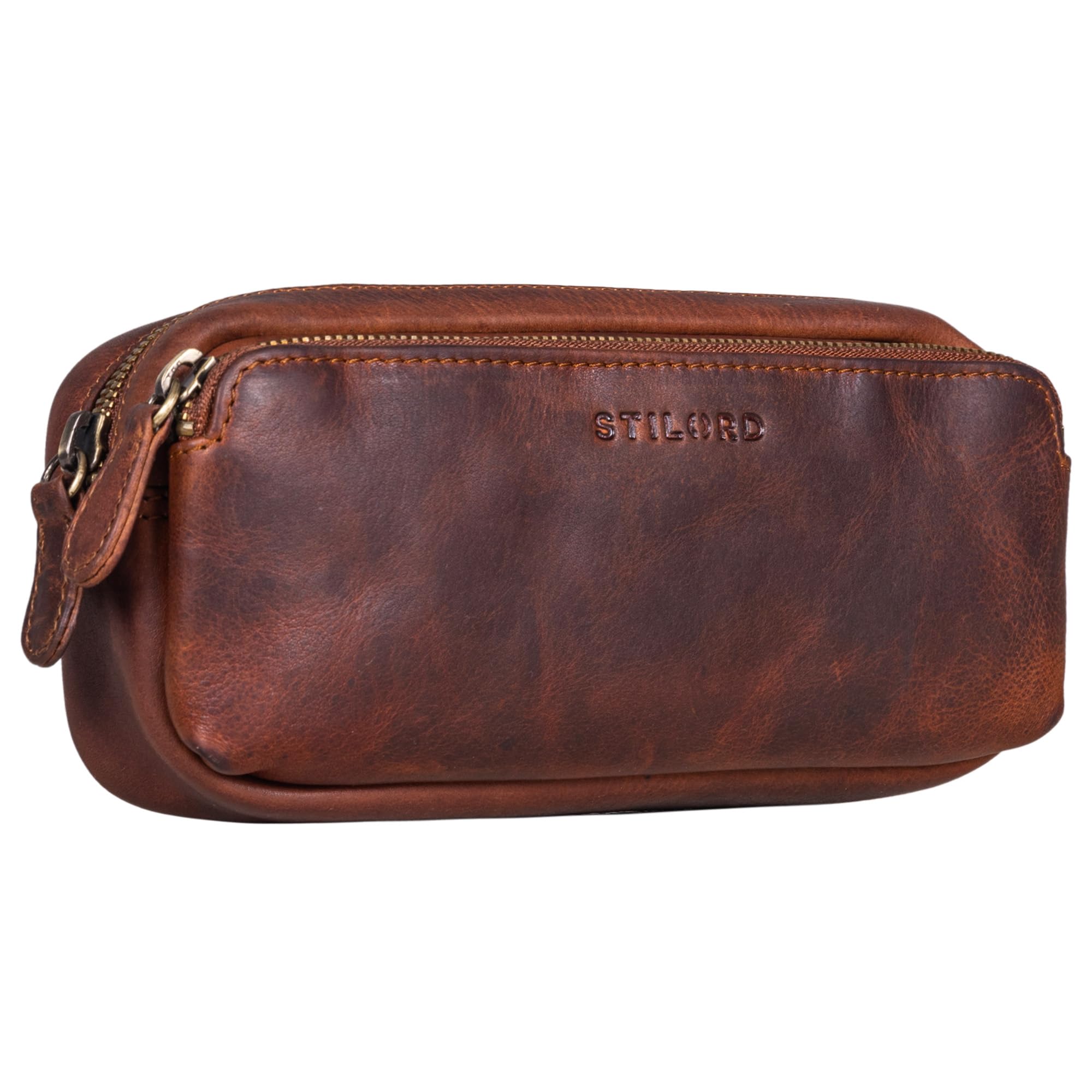 STILORD "Melissa" Large Pencil Case Vintage Leather Pouch Pen Case Ideal as Bag Organiser Make-Up Bag in Genuine Leather Colour:Kara - Cognac
