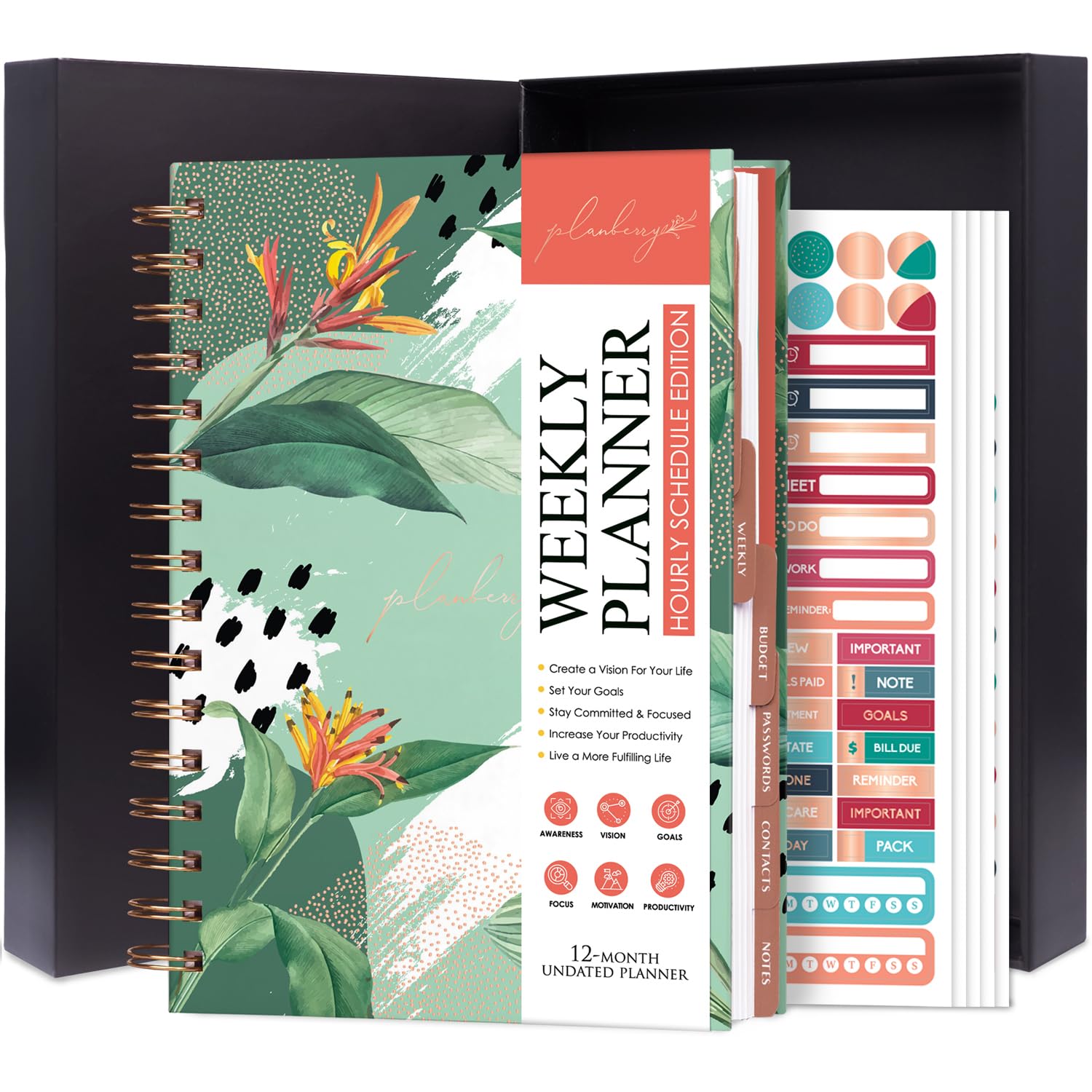 PLANBERRY Hourly Schedule Planner Premium – Undated Journal with Time Slots for Productivity & Budget Organizer, 17.5x21.6cm (African Green)