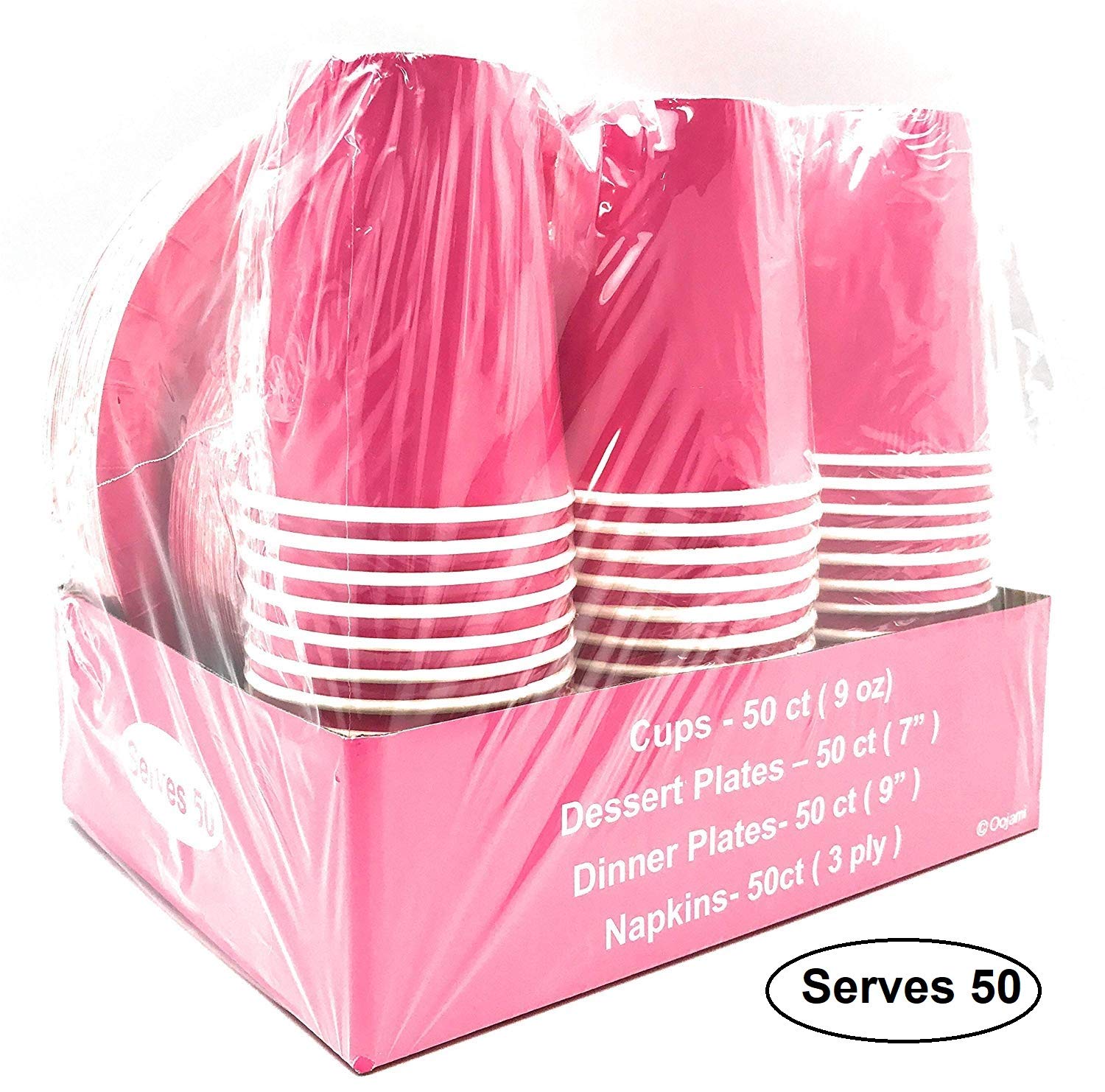 Serves 50 | Complete Party Pack | Pink | 9" Dinner Paper Plates | 7" Dessert Paper Plates | 9 oz Cups | 3 Ply Napkins | Pink/Baby Shower Party Theme