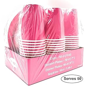 Serves 50 | Complete Party Pack | Pink | 9" Dinner Paper Plates | 7" Dessert Paper Plates | 9 oz Cups | 3 Ply Napkins | Pink/Baby Shower Party Theme