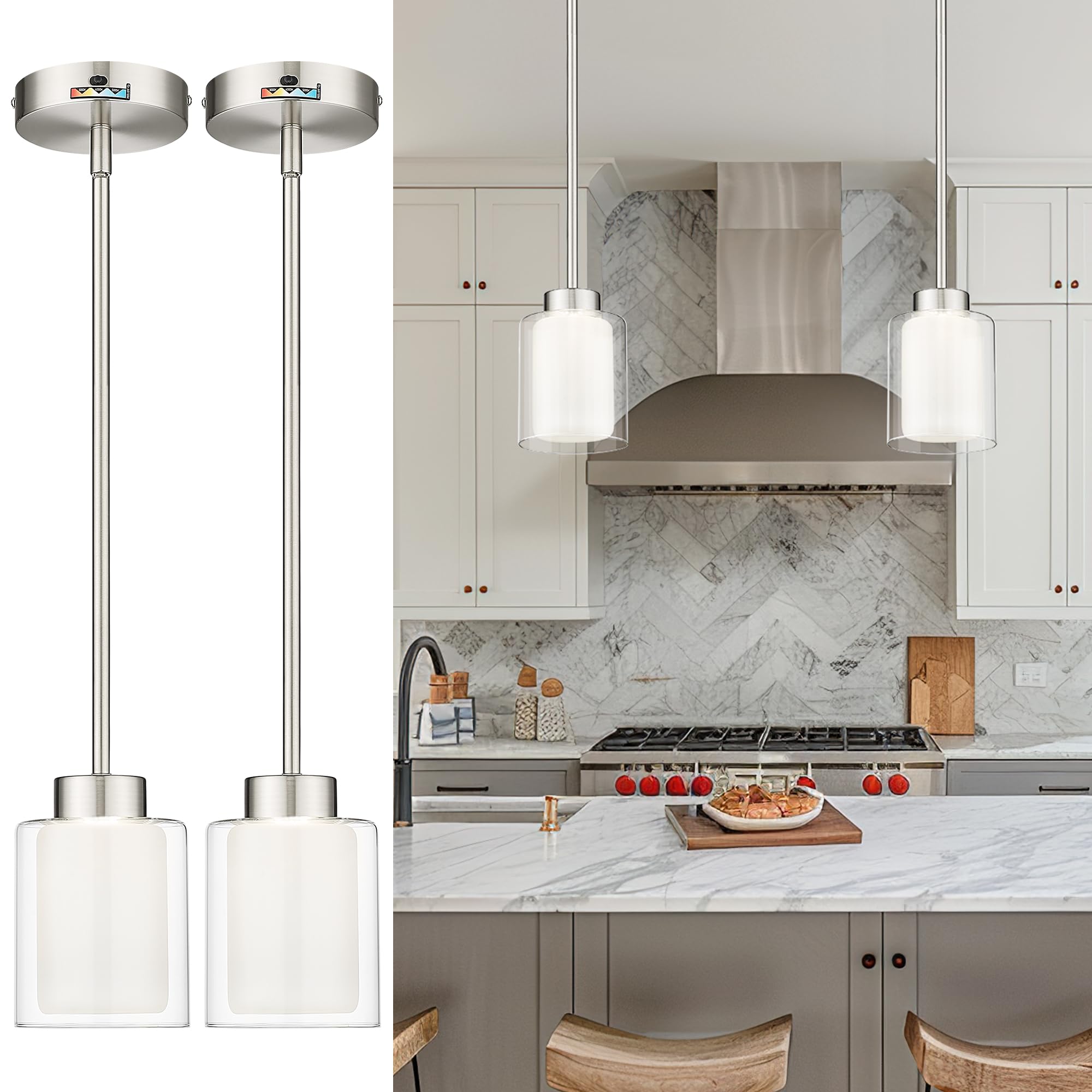 Photo 1 of kudos 2-Pack Pendant Light Fixtures,Brushed Nickel Pendant Light with Dual Glass, Modern Led Pendant Light Fixture for Kitchen Island,Dining Room,Bedroom 3000K/4000K/5000K Adjustable,KDPL06-BN-2PK