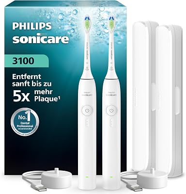 Sonicare Series 3100 Elektrische Zahnbürste – Schallzahnbürste mit Drucksensor, 3 Intensitäten, EasyStart, SmarTimer, 14 Tage Laufzeit, Reiseetui, Weiß, 2er-Pack, HX4072/41, [Neu]