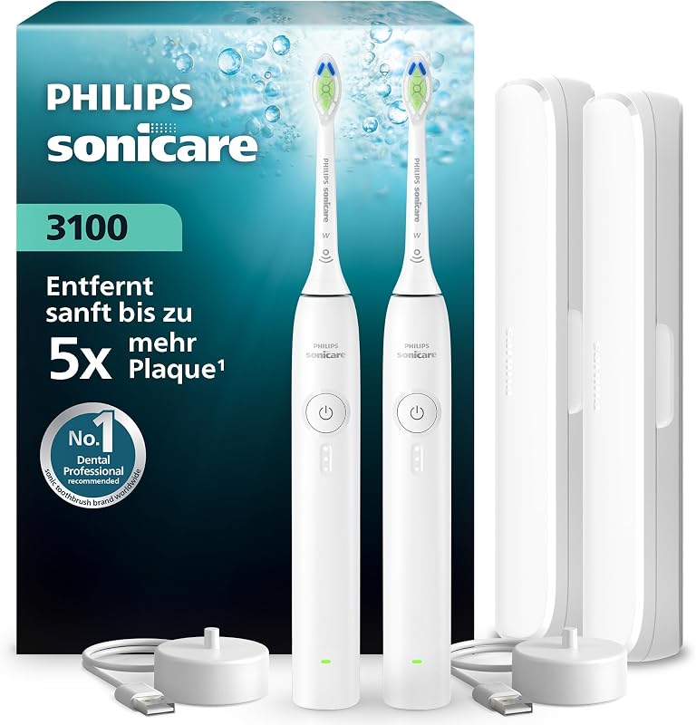 Sonicare Series 3100 Elektrische Zahnbürste – Schallzahnbürste mit Drucksensor, 3 Intensitäten, EasyStart, SmarTimer, 14 Tage Laufzeit, Reiseetui, Weiß, 2er-Pack, HX4072/41, [Neu]