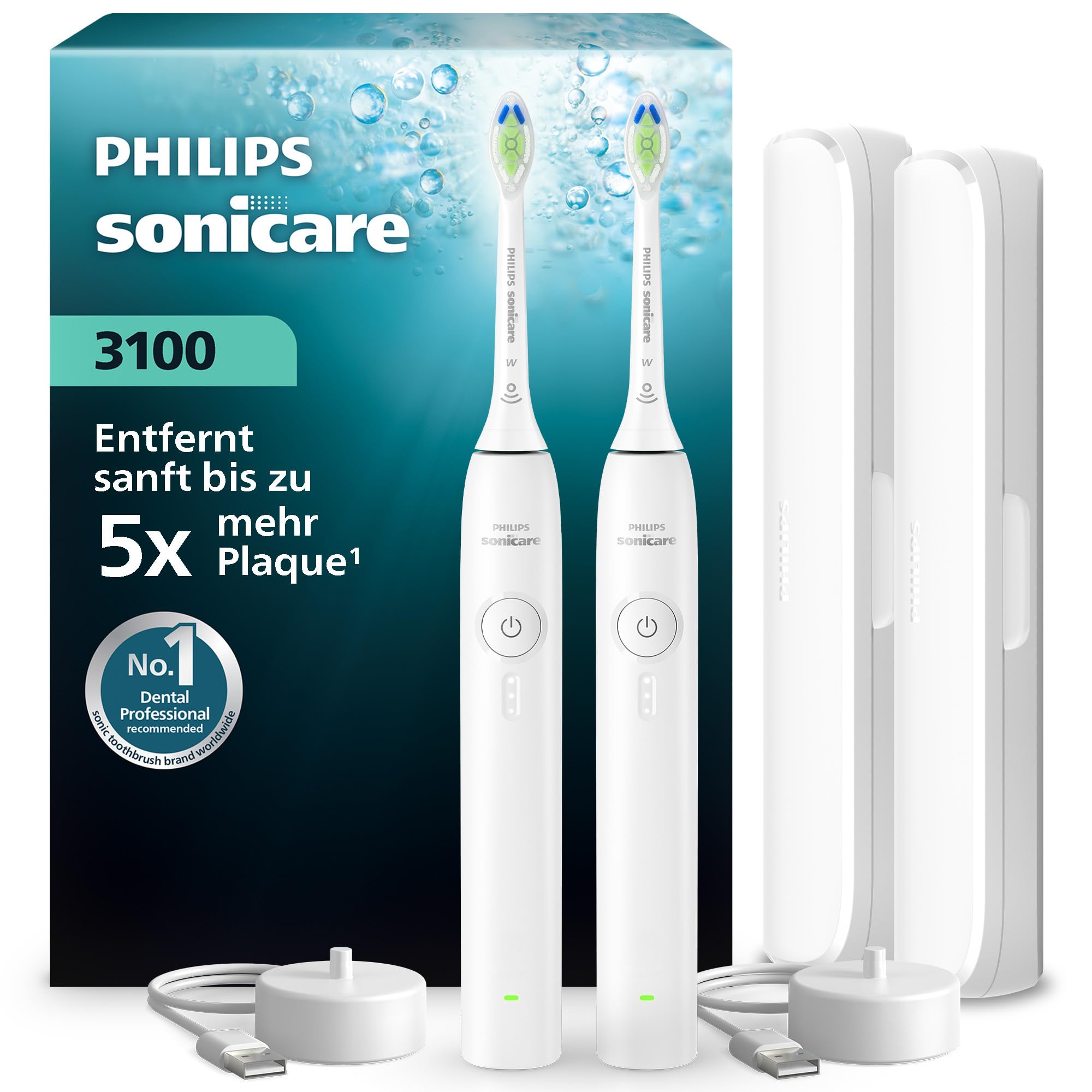 Philips Sonicare Series 3100 Elektrische Zahnbürste – Schallzahnbürste mit Drucksensor, 3 Intensitäten, EasyStart, SmarTimer, 14 Tage Laufzeit, Reiseetui, Weiß, 2er-Pack, HX4072/41, [Neu]