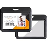 Lanyardio 1 Pack Sliding Horizontal ID Badge Holder Hard Black Plastic Card Case Protector Pouch with Sided Clear Window for Office School ID Credit Cards and Proximity Key Cards