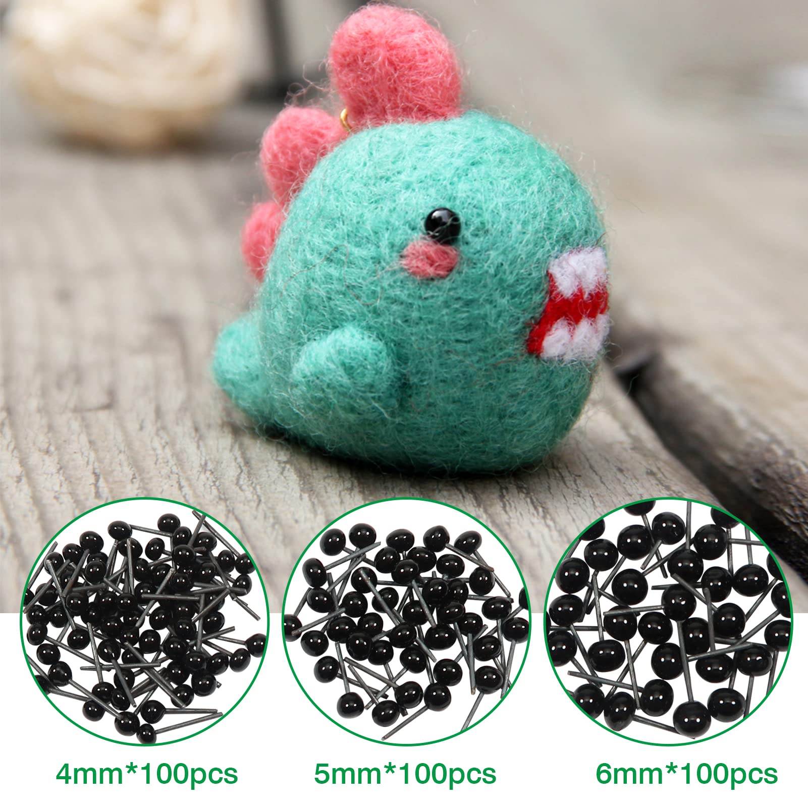 TOAOB 300pcs Glass Safety Eyes 4mm 5mm 6mm Black Beans Glass Eyes Balls Doll Eyeballs for DIY Bear Plush Animal Puppet Needle Felting Dolls Decoys Sewing Crafts