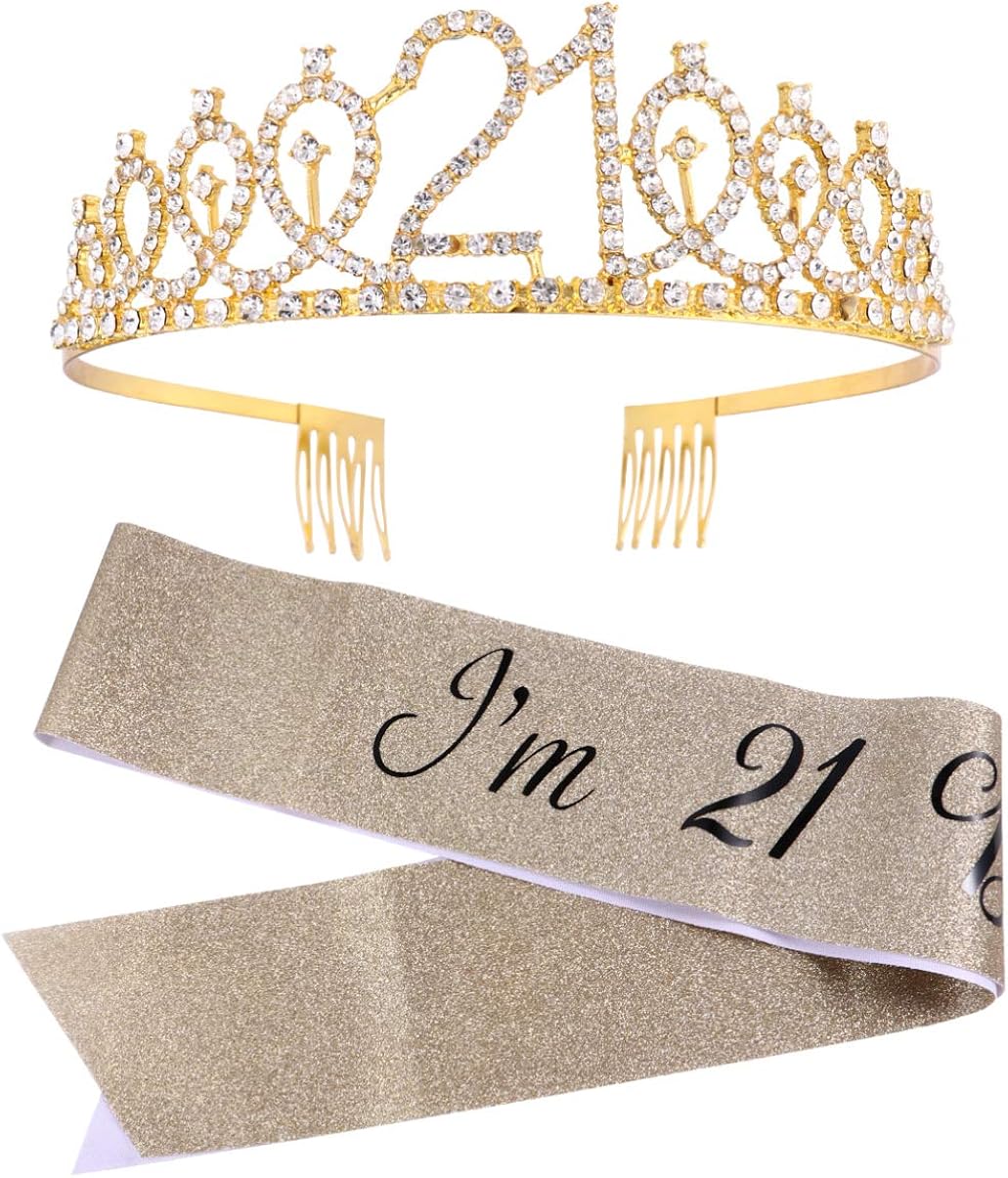 PIXNOR Gold Rhinestone 21th Birthday Crown 21th Birthday Tiara for Girl ...