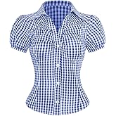 SweatyRocks Women's Y2K Short Puff Sleeve Button Down Fitted Gingham Plaid Crop Top Blouse