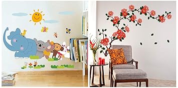 Decals Design Jungle Cartoon Cute Animals Wall Sticker (PVC Vinyl, 60 cm x 90 cm, Multicolour) &