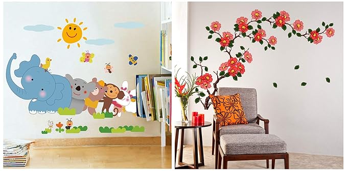 Decals Design Jungle Cartoon Cute Animals Wall Sticker (PVC Vinyl, 60 cm x 90 cm, Multicolour) &
