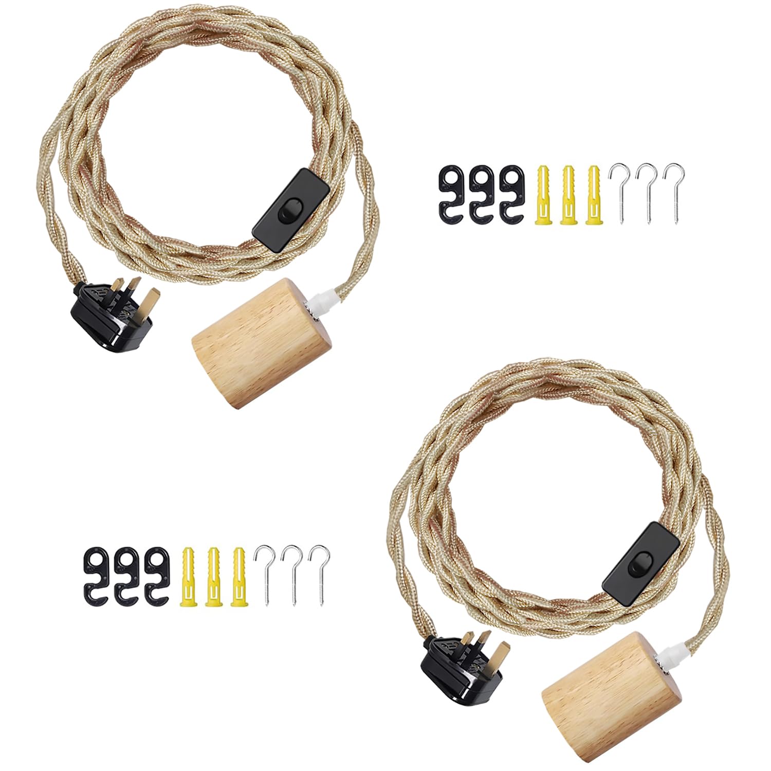 15FT Vintage Plug in Pendant Light Cord Hanging Light Dimmer Switch Kit DIY with Twisted Nylon Rope, Industrial Ceiling Pendant Lighting E26 E27 Socket for Farmhouse Kitchen Cable (02-2Pack)