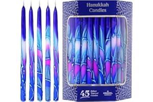 The Dreidel Company 45 Dripless Hanukkah Candles Blue and Pink Multi Splash, Premium Tapered Hand Decorated 1-Hour Burn Time Deluxe Tapered Hanukkah Candles