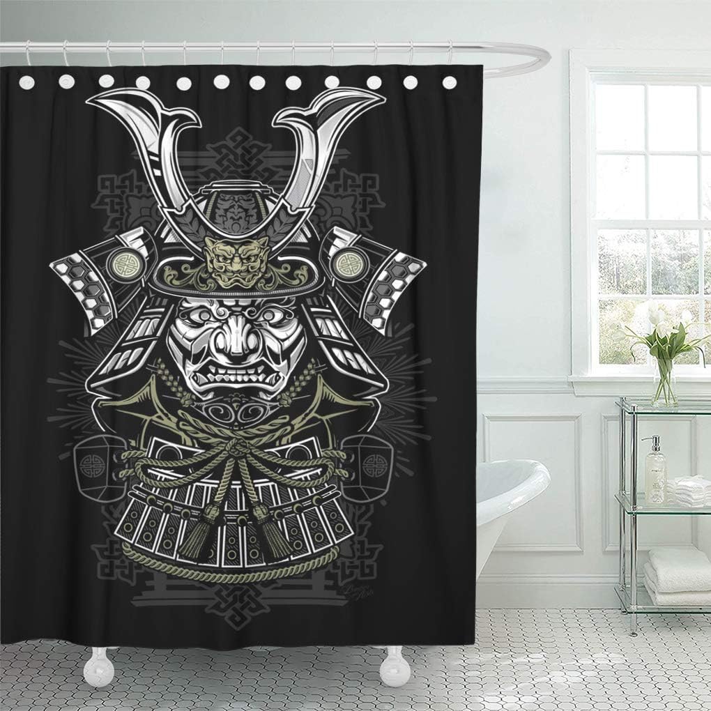 HLSCYZ Shower Curtain Demon Tattoo Samurai Japanese Japan Ninja Mask Helmet Warrior Shower Curtains Sets with Hooks 60 x 72 Inches Waterproof Polyester Fabric