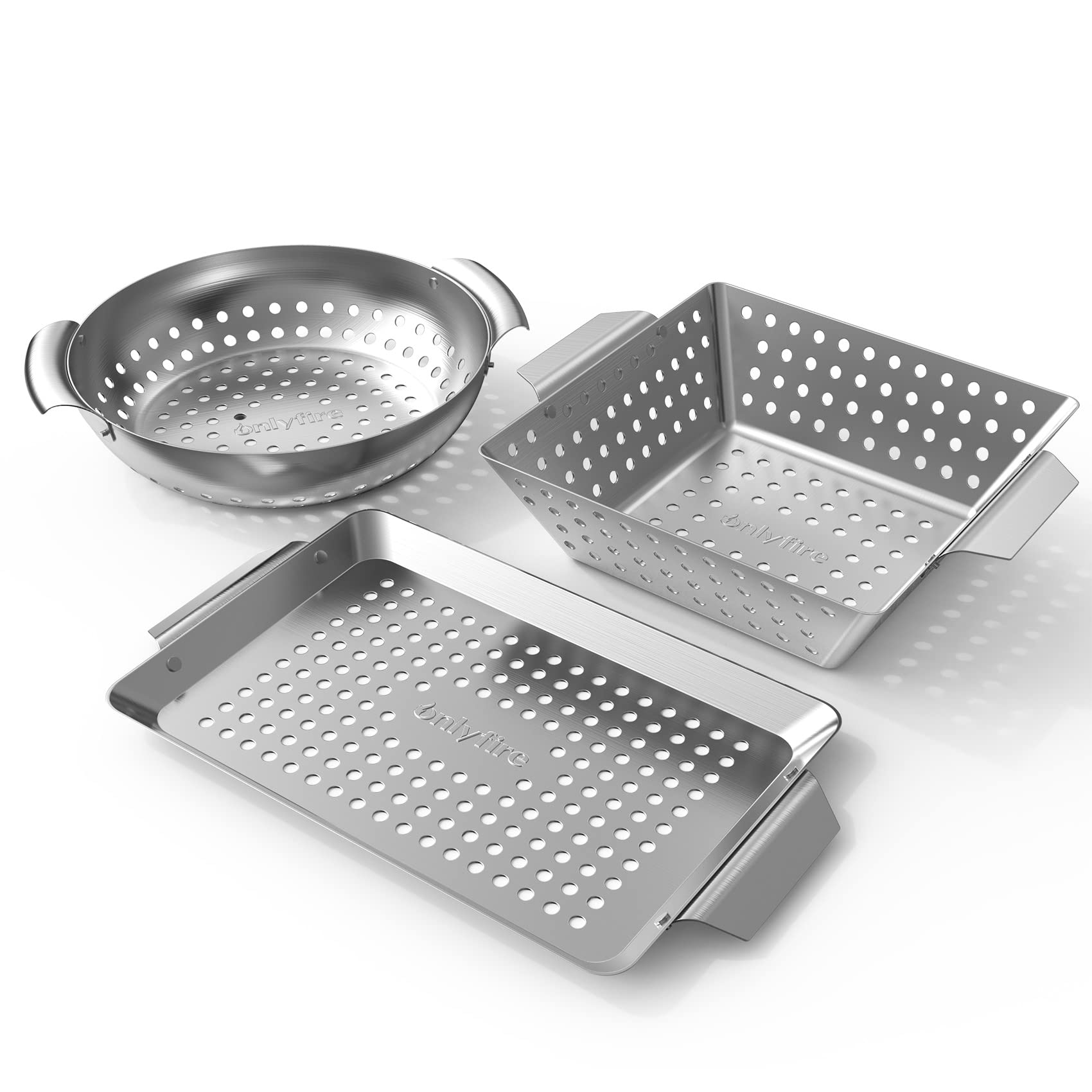 Onlyfire 3 Piece Mini Stainless Steel Grill Basket Set, Vegetable BBQ Basket with Handle, Perforated Grilling Pan for Meat Vegetables