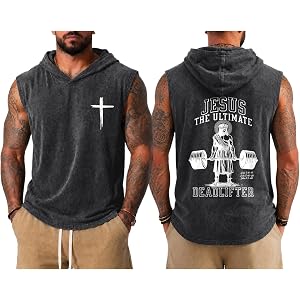 Weripoah Men Christian Sleeveless Hoodies Jesus Faith Gym Hooded Tank Tops Muscle Graphic Tees Religious Cross Acid Wash Top