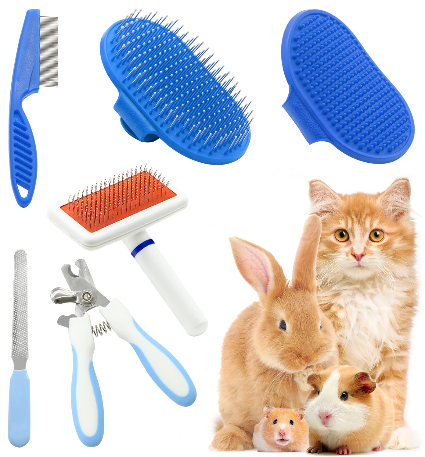 Rabbit Grooming Kit with Slicker Rabbit Brush Bath Massage Glove Brush Pet Shedding Comb Nail Clipper Trimmer 6 Piece Set for Bunny Kitten Guinea Pig Cat Chinchilla Ferret Small Animals