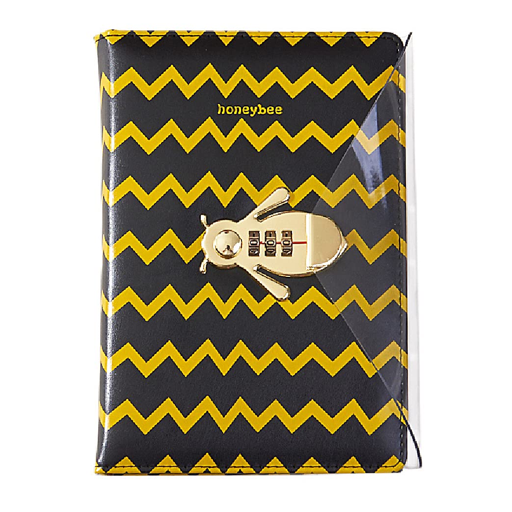 LinYesh Creative PU Leather Notebook Diary with Lock (Bee Pattern), A5 Secret Password Notepad Diary Journal Travel Diary Organizer with Combination Lock Pen Holder, 145x210mm