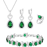Crysdue 4 Pcs Teardrop Jewelry Set for Women Brides, Silver Plated Cubic Zirconia Necklace Earrings Adjustable Ring Bracelet Set for Wedding Prom Party Christmas/Mothers Day/Valentine's Day/Birthday