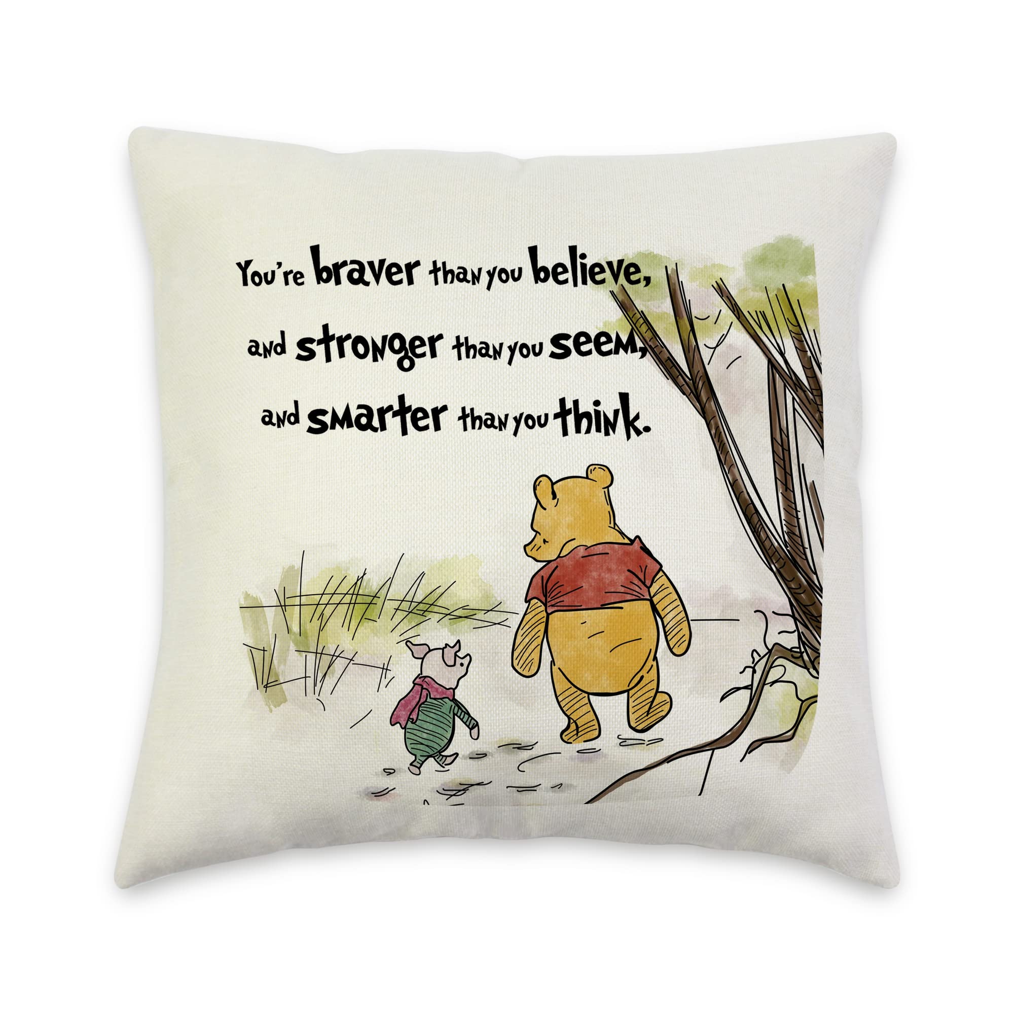 Poaemki You're Braver Than You Believe- Decorative Linen Cushion Cover, Winnie The Pooh and Piglet 18x18 Inch Pillow Square Couch Cover Inspirational Gift for Daughter, Son, Kids, Beige (PM020)