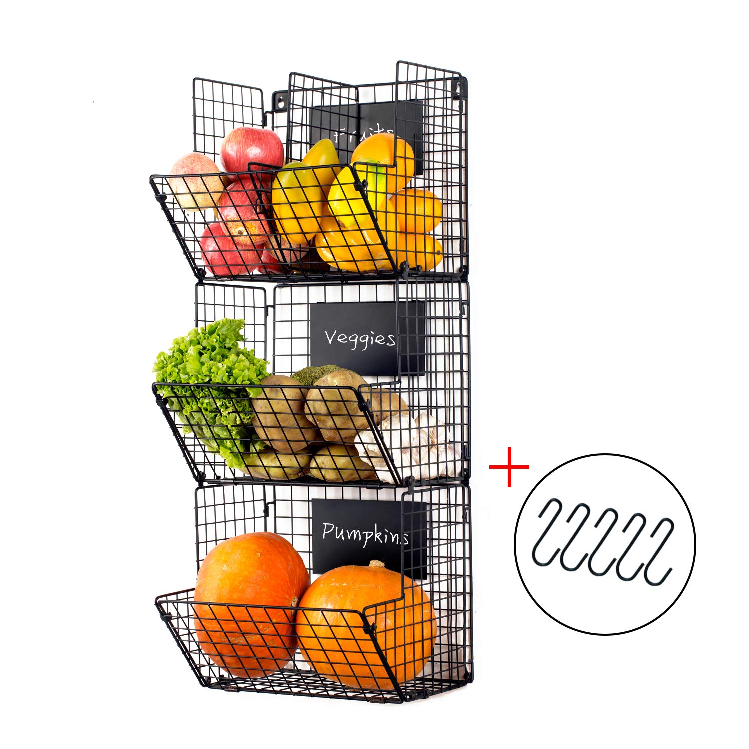 Xcosrack Metal Wire Basket Wall Mount, 3 Tier Wall Storage Basket