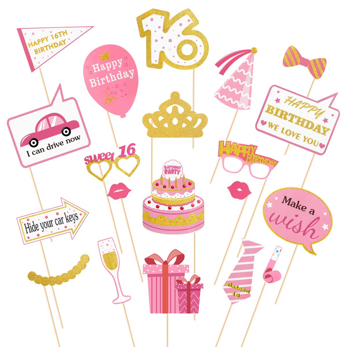 Happy Birthday Props for 16th Birthday Party Photo Booth Props Glitter 16th Birthday Party Supplies Girl Birthday Supplies, 20 Pieces