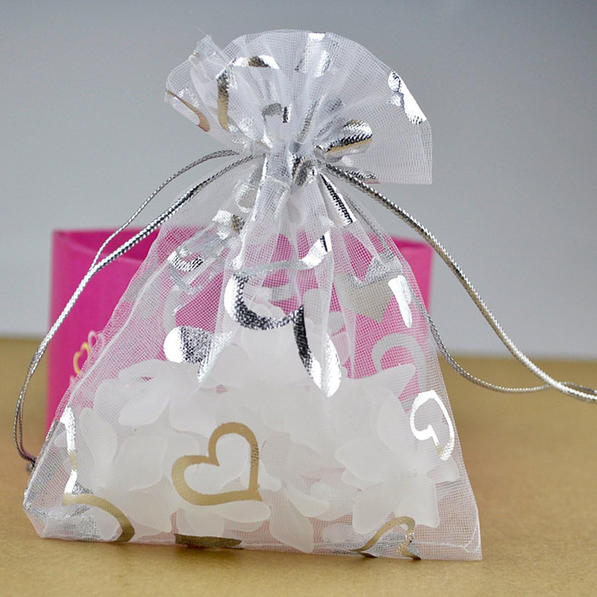100pcs Organza Wedding Party Gift Bags Heart Pattern Sheer Drawstring Pouches Jewelry Gift Bags Christmas Party Gift Favor Bags (white - Image 4