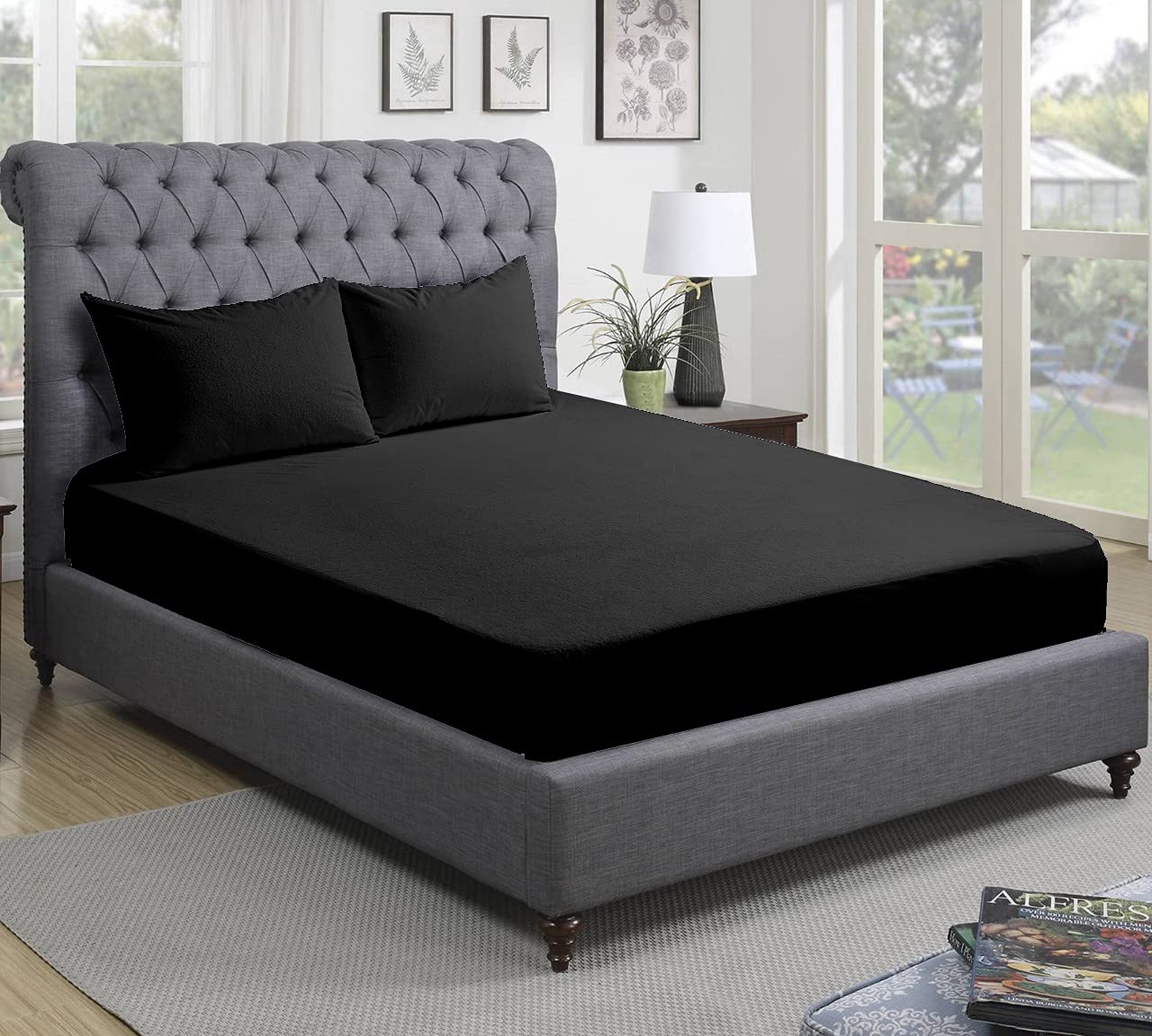 300 Thread Count 100% Pure Egyptian Cotton Bedding Fitted Sheets Stretches Up to 28cm Deep (Black, Single: 90x190cm)