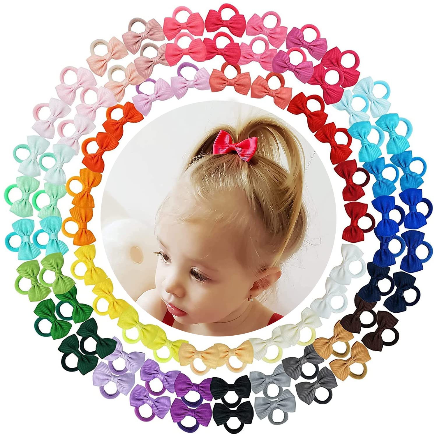 JOYOYO 80 Pcs Baby Girl Hair Bands Toddler Bows Elastic Ties - Small Ponytail Bow Bobbles for Girls 2 Inch