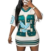MakeMeChic Women's Jersey Dress Number Half Sleeve V Neck Oversized Y2K T Shirt Dresses