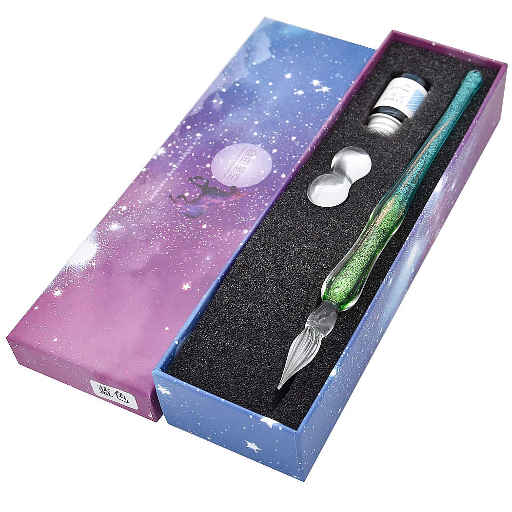 SIPLIV Handmade Glass Dip Pen Ink Set, Crystal Sparkling Signature Drawing Calligraphy Writing Pen with Bottle Ink and Pen Holder - Gradient Green