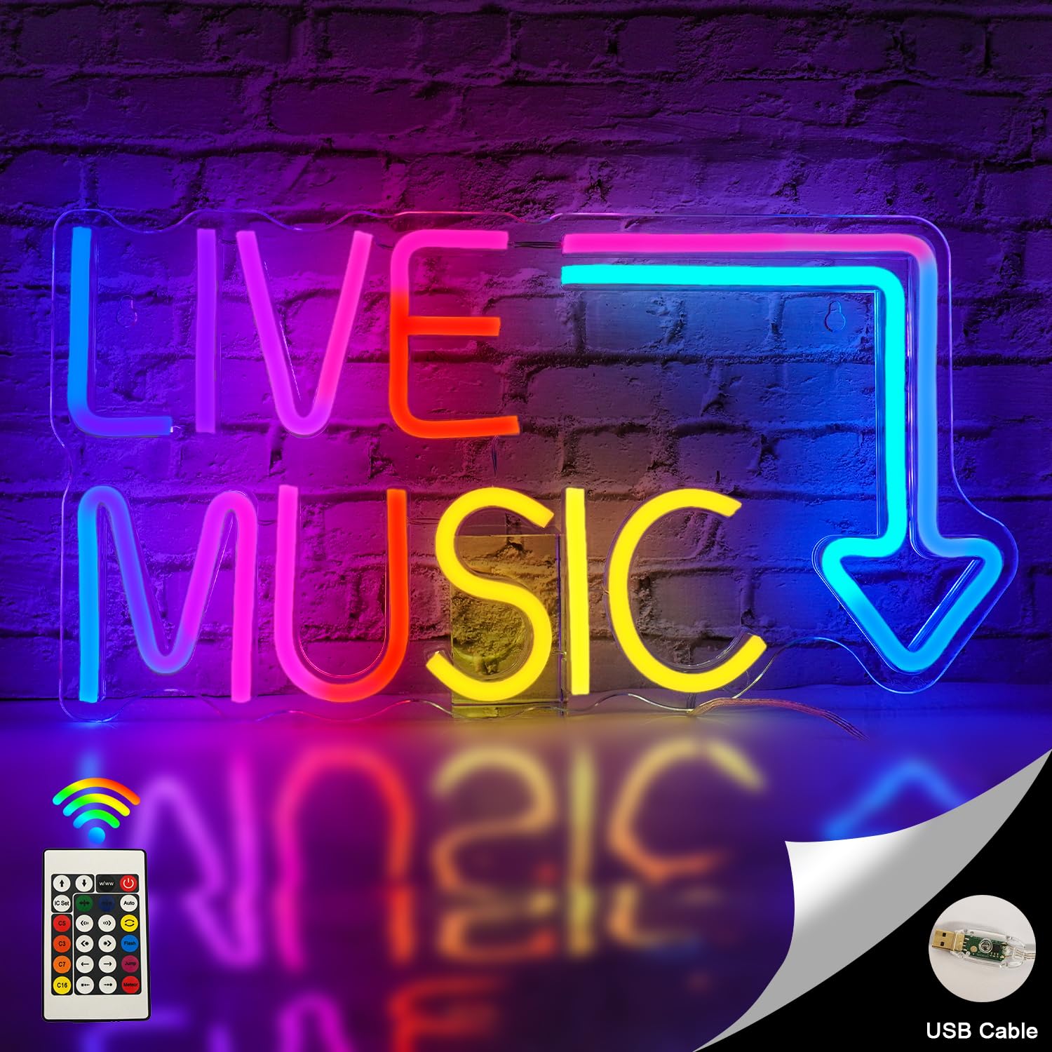 Horseneon Live Music Neon Sign Neon Sign with RGB Changing Lights Letter Neon Music Neon Lights with Remote Control for Bedroom Bar Music Studio Party