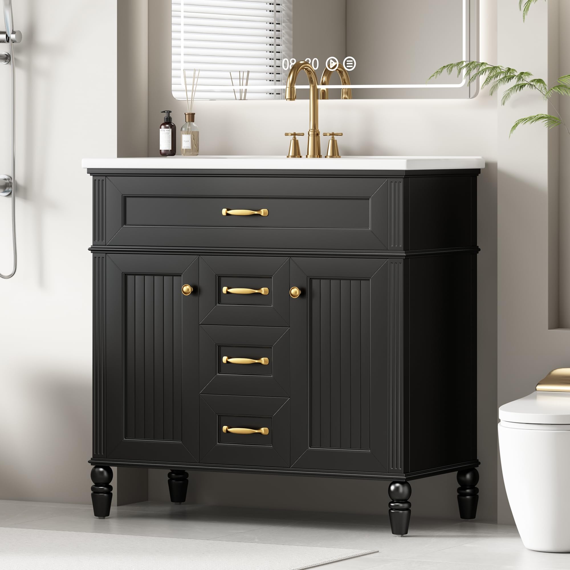 Photo 1 of ***Selling for parts only***36" Bathroom Vanities with Ceramic Sink, Storage Cabinet with 2 Doors and 2 Middle Drawers and 1 Tip-Out Drawer, Vintage Legs, Solid Wood & MDF Board, Black