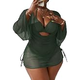 YELAIVP Women's Plus Size Halter String Triangle Bikini Sets 3 Piece Swimsuits with Side Ruched Drawstring Cover Up